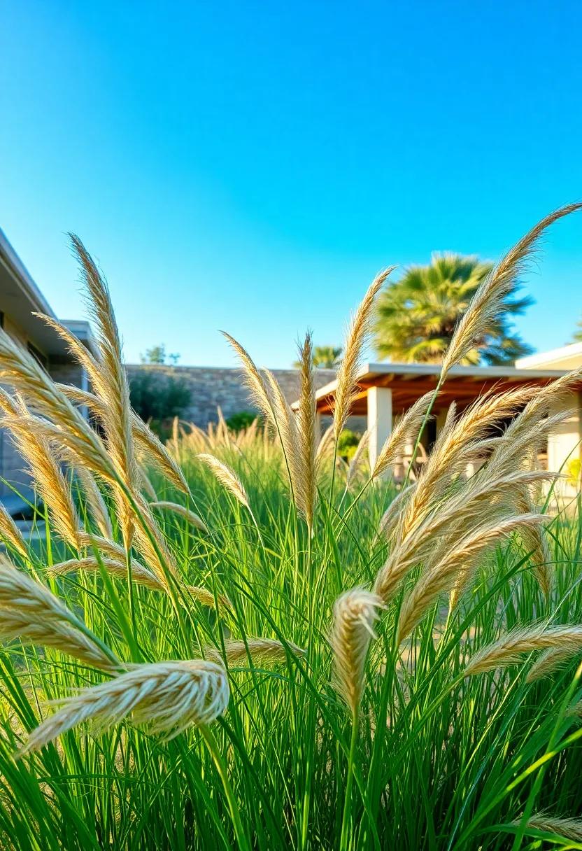 Waves of Soft, Flowing African Grass with Fine Blades Moving Gently Against a Clear Blue Sky and Warm Morning Light