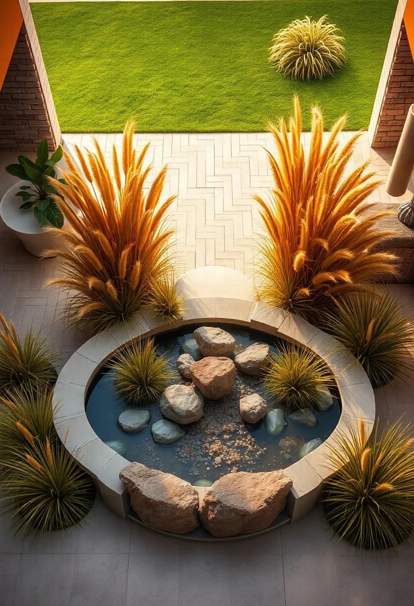 A Bird's Eye View of Front Yard Savanna Grass Clumps Arranged Geometrically Around a Stone Water Feature Glimmering