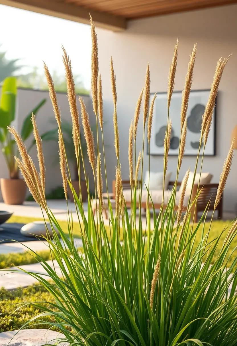 A Misty Morning Front Yard Scene With African Grass Stalks Dripping with Tiny Water Droplets and Soft Pastel Backgrounds