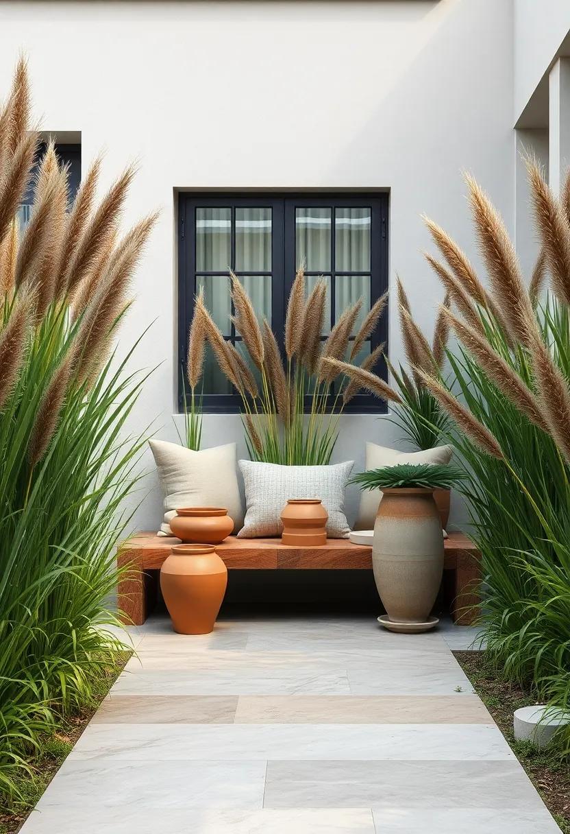 A Front Yard Scene Featuring Lush Savanna Grasses Surrounding a Modern Bench with Natural Wooden Accents and Clay Pots