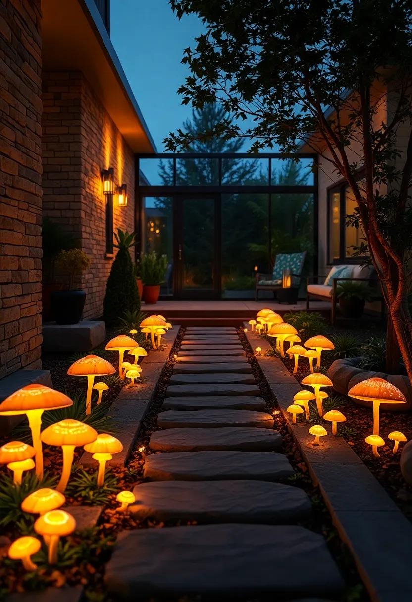 Enchanting Glow of Bioluminescent Mushrooms Lining a Serene Front Yard Path at Twilight
