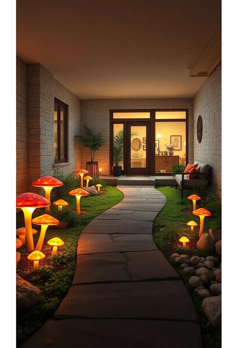 Whimsical Fantasy Front Yard Featuring Luminescent Fungi Illuminating a Curved Stone Walkway