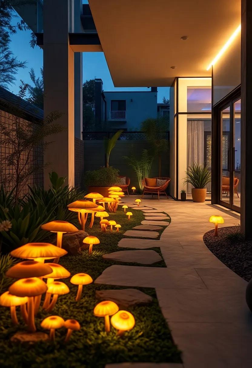 Twilight Glow from Clusters of Magical Mushrooms Guiding the Way Through an Urban Garden