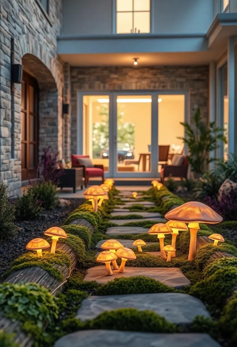 Intricately Glowing Mushrooms Sprouting from Moss-Covered Logs Lining a Front Yard Walk
