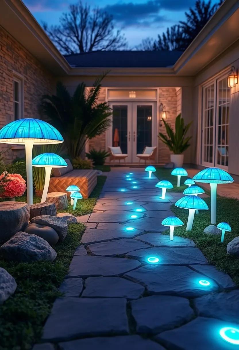 Dreamscape of a Front Yard at Dusk with Neon Blue and Mint Glowing Mushrooms Along the Trail
