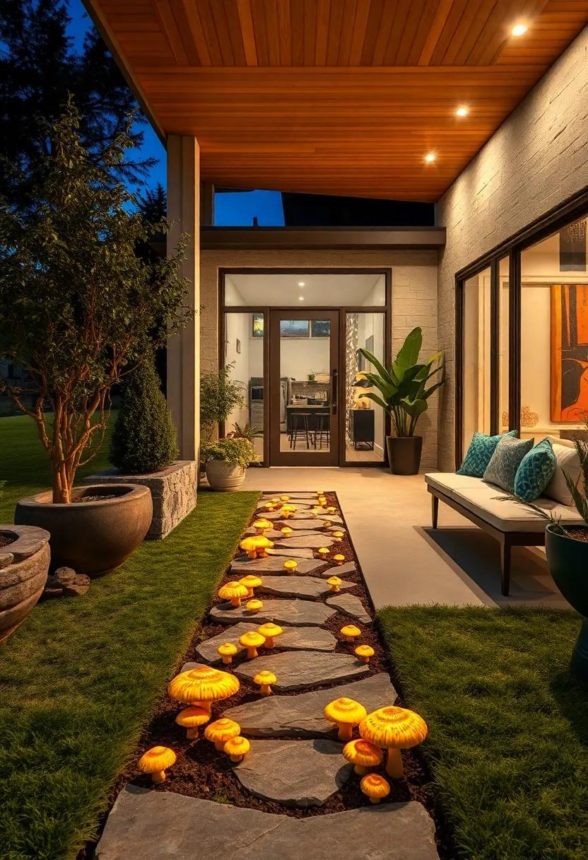 Serene Nighttime Front Yard Showing a Trail of Golden Mushrooms Creating a Warm Welcome