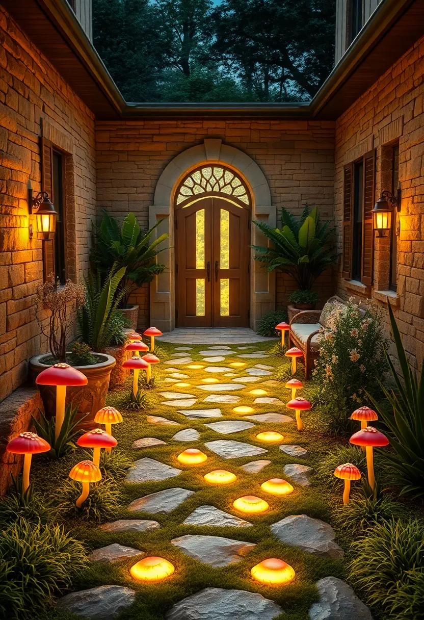 A Fairy Tale Setting with a Radiant Mushroom Trail Leading to a Quaint Garden Gate