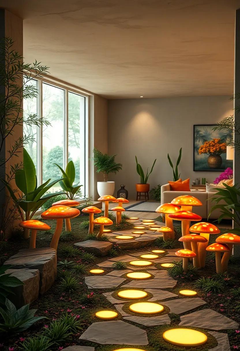 Dreamlike Scene of a Magical Mushroom Pathway Winding Through Enchanted Forest Flora