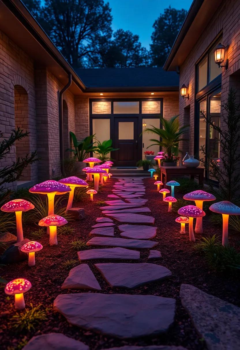 Mystical Mushrooms Casting Soft, Radiant Lights Through Lush Greenery Along a Garden Path