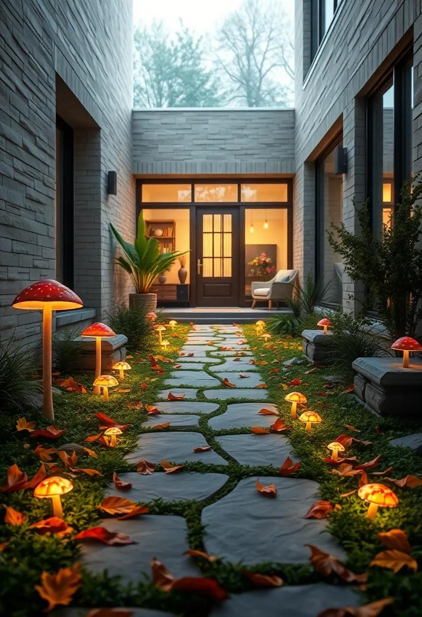 Magical Mushrooms Emerging From Fallen Leaves to Brighten a Cozy Front Yard Pathway