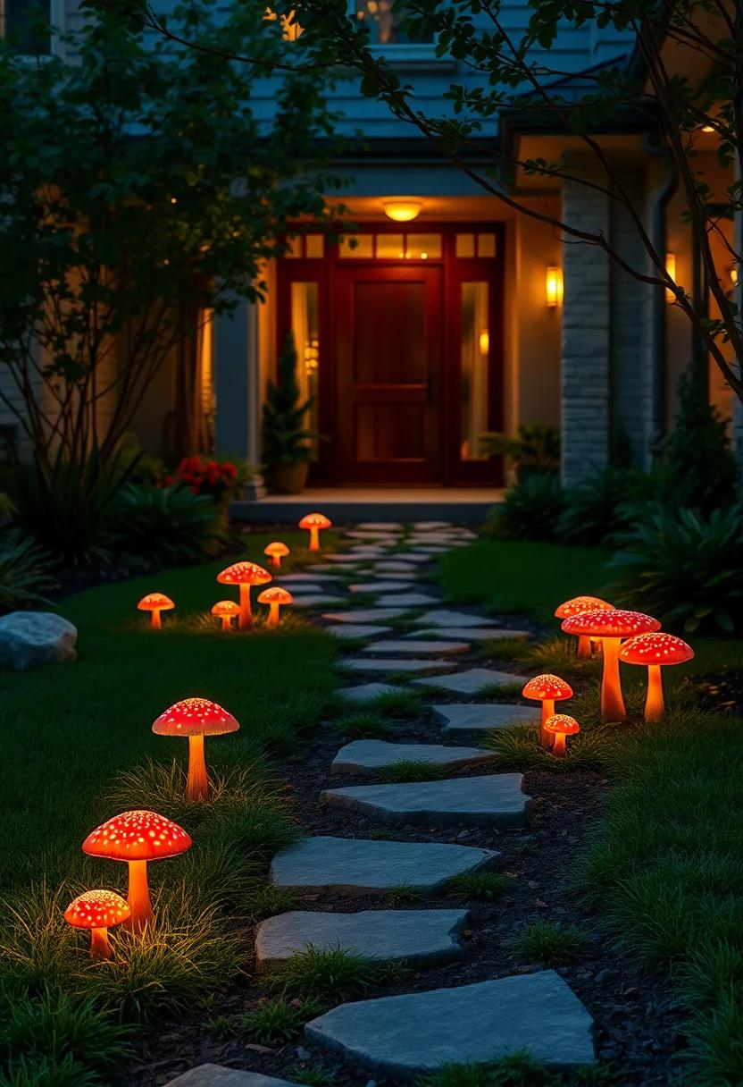 Ethereal Front Lawn with Glowing Red and Orange Mushrooms Dotting a Meandering Dirt Trail