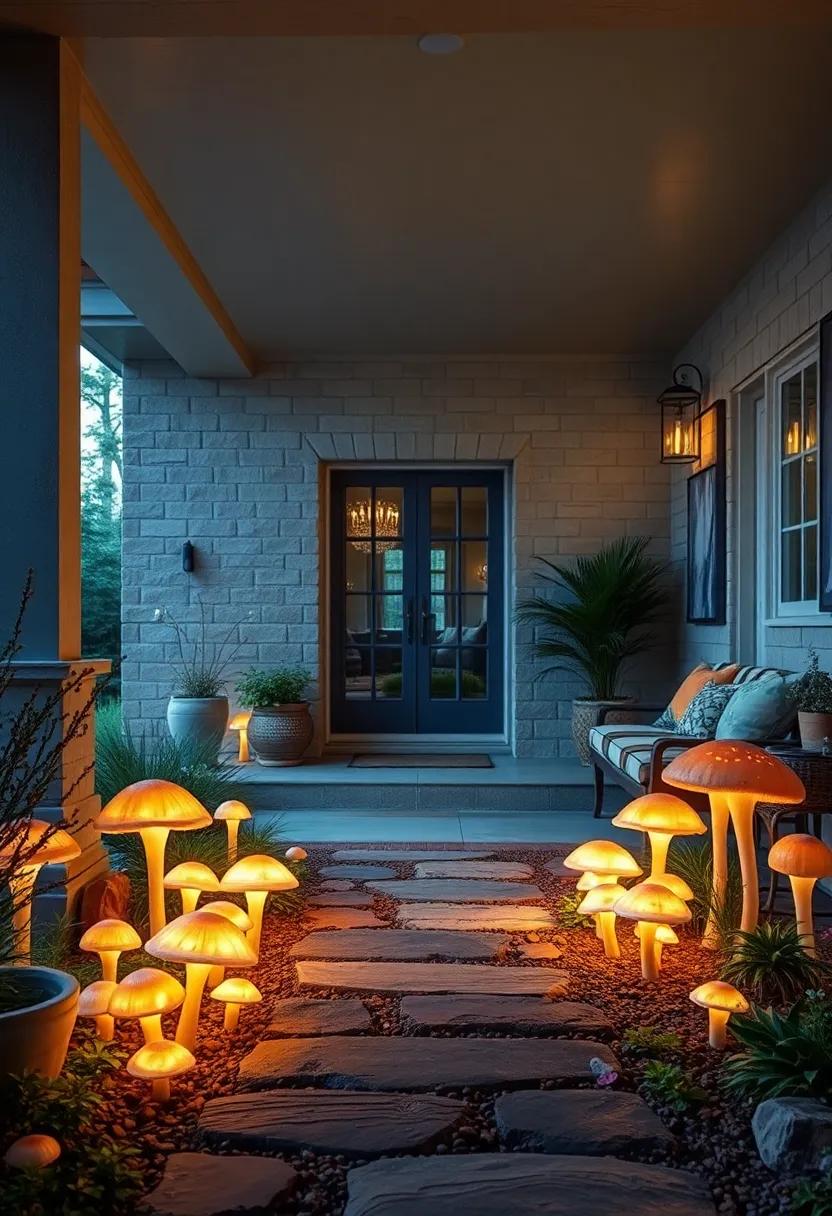 Charming Rustic Front Porch Framed by Glowing Mushrooms Creating a Soft Ambient Light