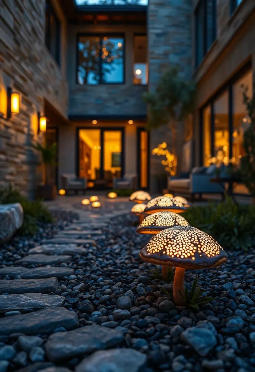 Close-up of Radiant Mushroom Caps with Intricate Patterns Glowing Along a Pebbled Pathway