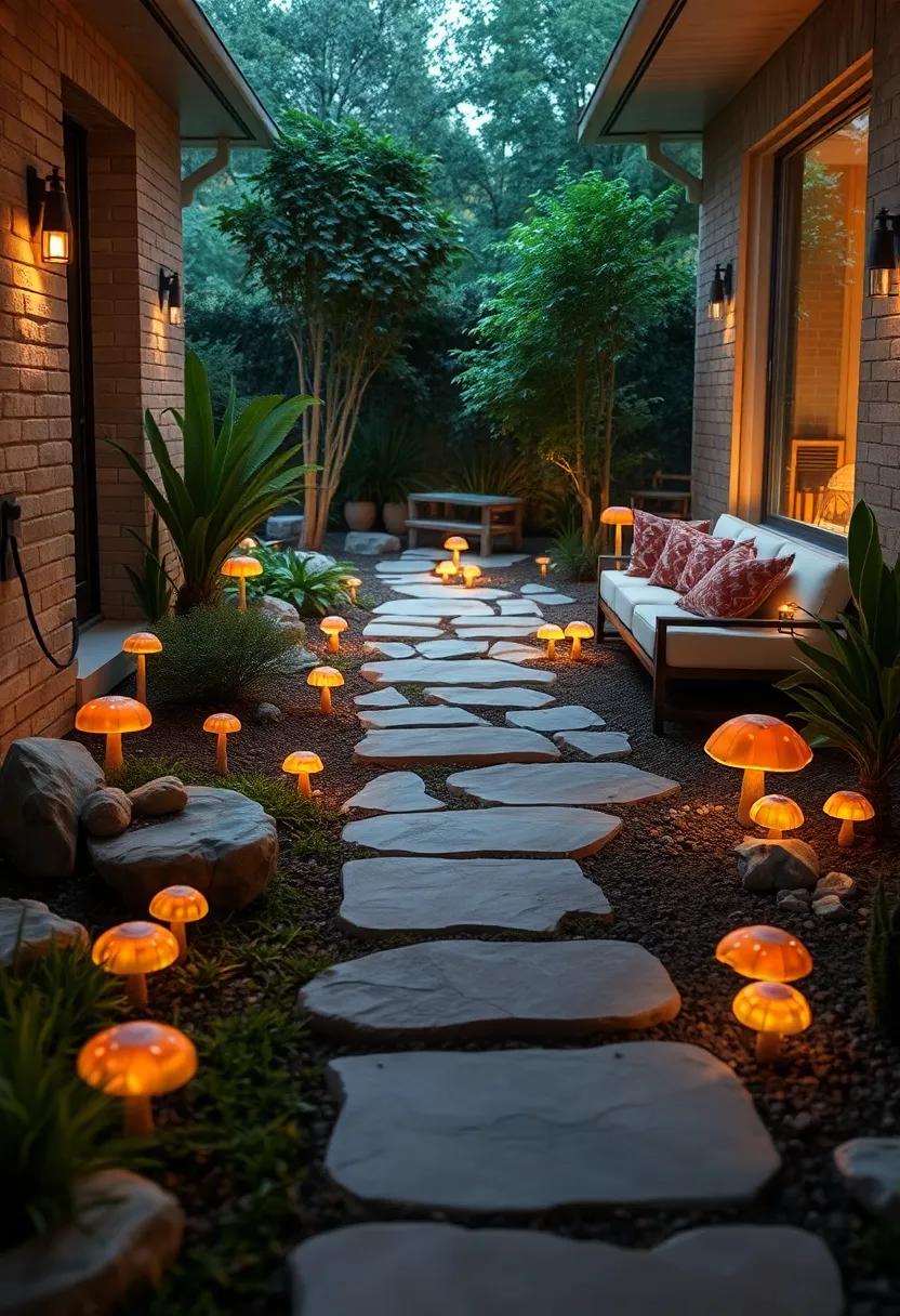 Delicate, Transparent Mushrooms Emitting a Gentle Blue Glow Amid Wildflowers in a Front Garden