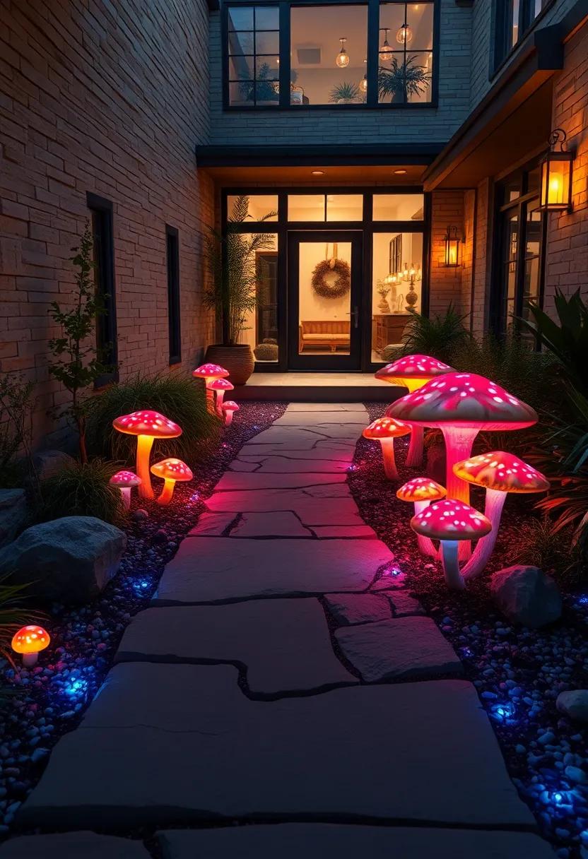 Fantasy-Inspired Front Walkway Highlighted by Vibrant Mushrooms Shimmering in Different Hues