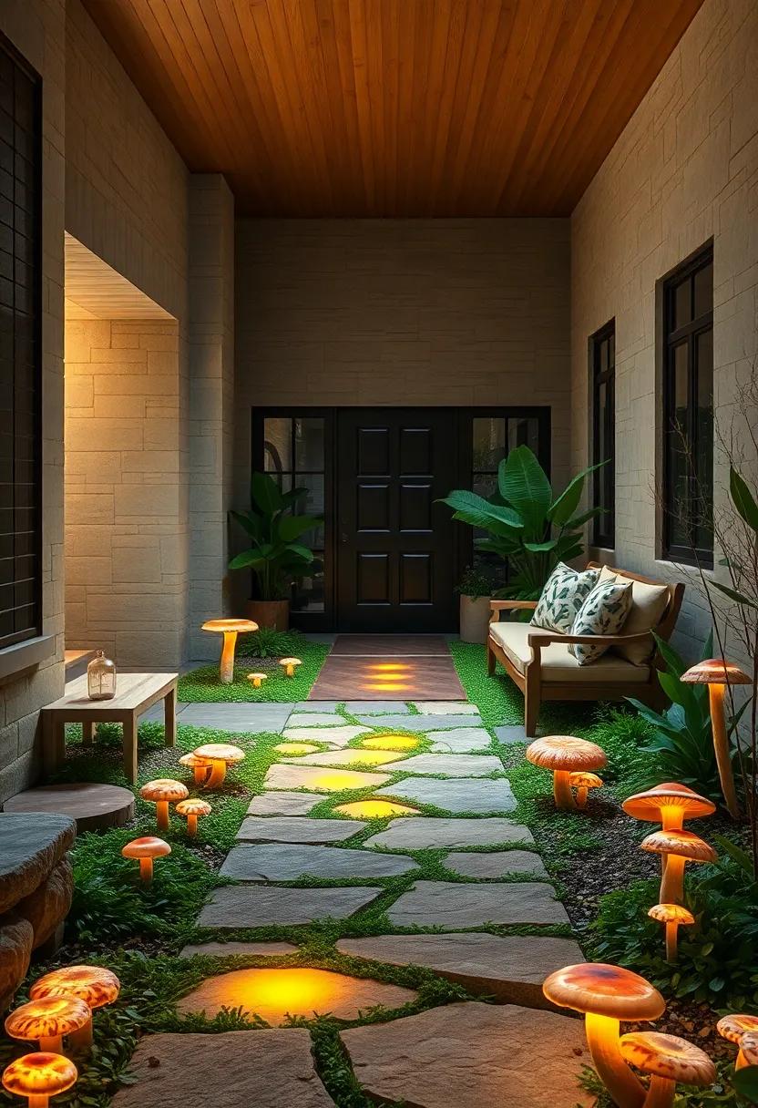 Front Yard Pathway with Mystical Purple and Green Mushrooms Casting Enchanting Shadows