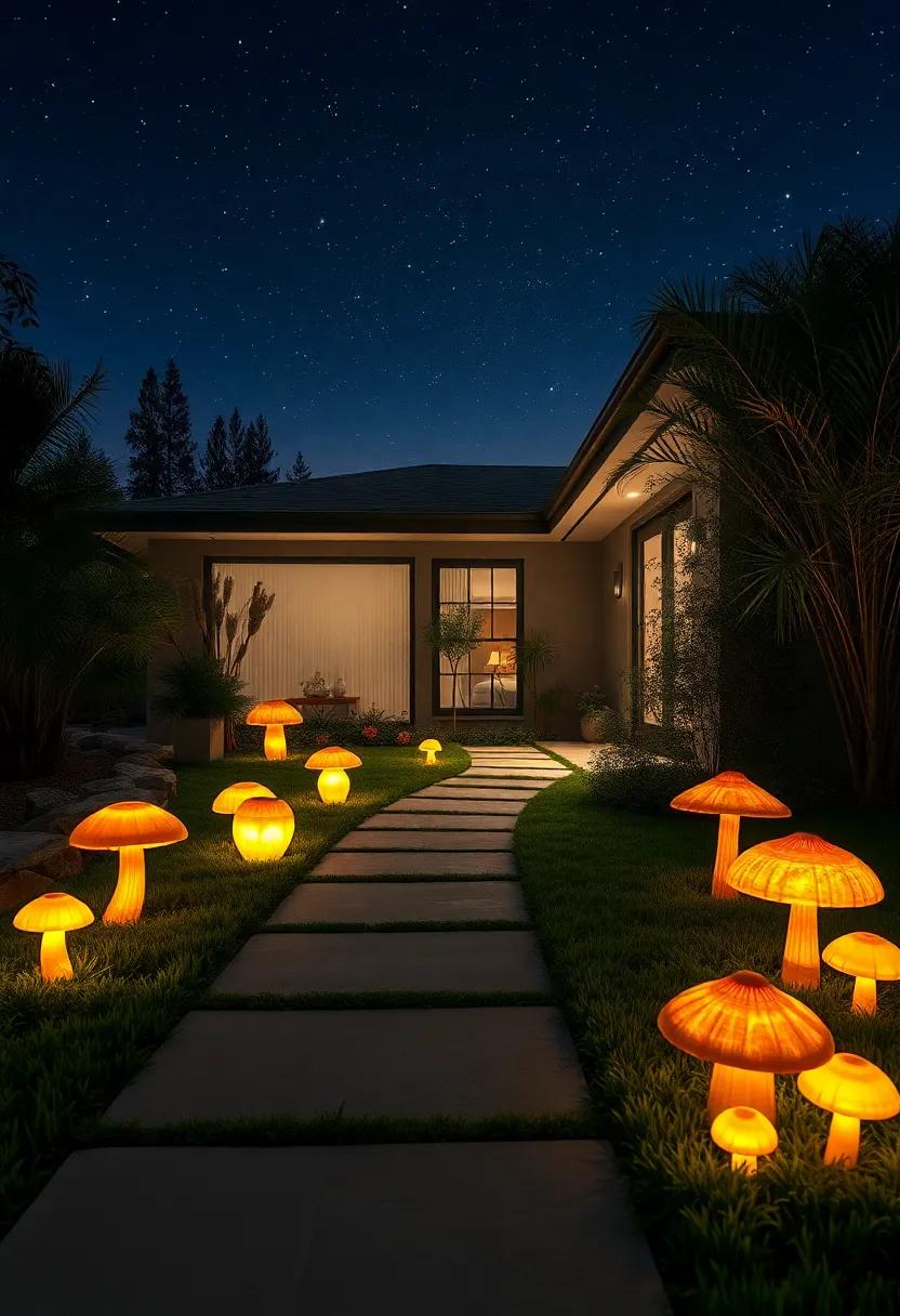 Organic and Magical Mushroom Shapes Emitting a Warm Glow on a Front Yard Path Under a Starlit Sky