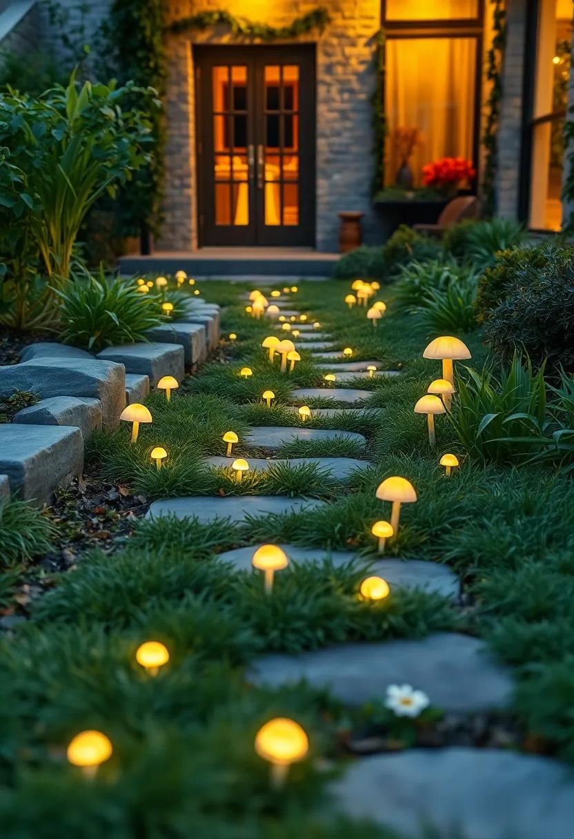 Lush Garden Path Illuminated by Tiny Glowing Mushrooms Among Dewy Grass and Ivy Vines