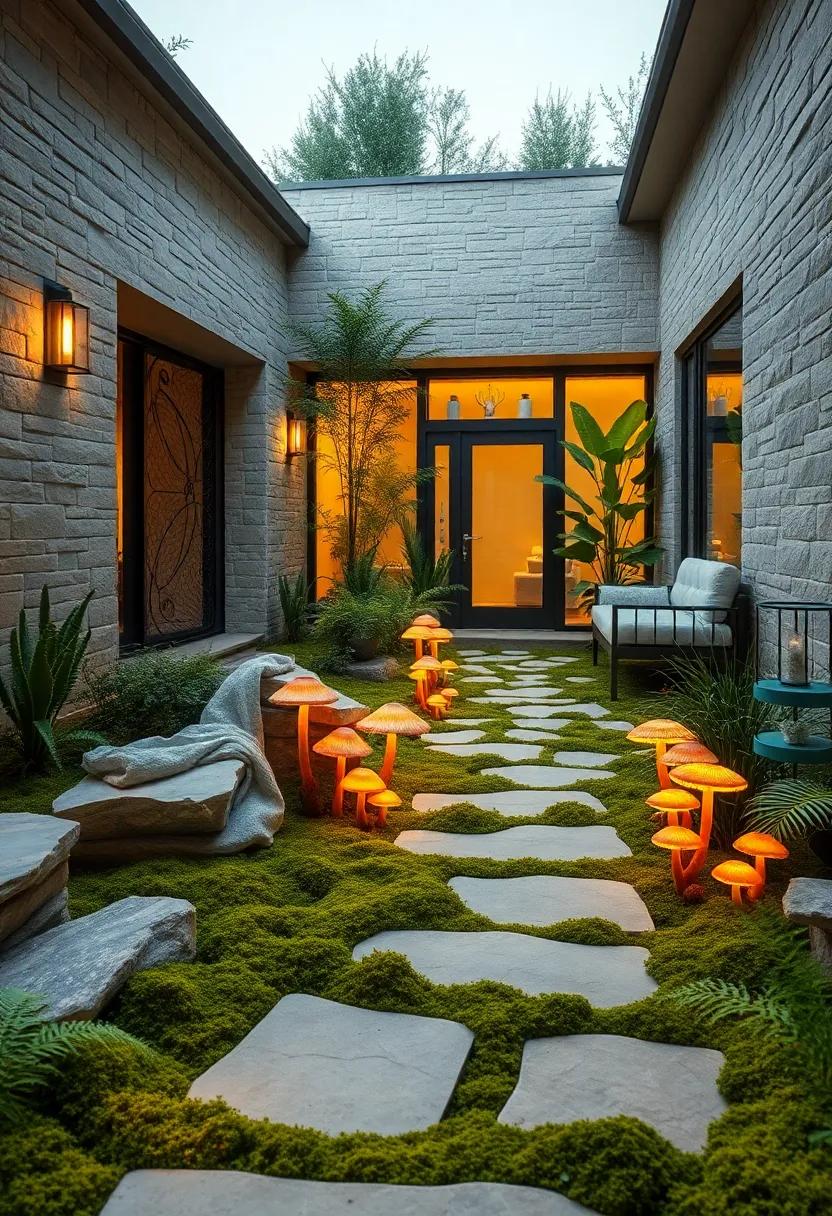 Front Yard Bathed in Soft Fungal Light with Colorful Mushrooms Nestled Among Moss and Ferns