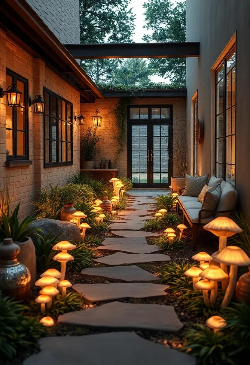 Soft Candlelight-Like Radiance From Clusters of Mushrooms in a Quiet Cottage Garden Pathway