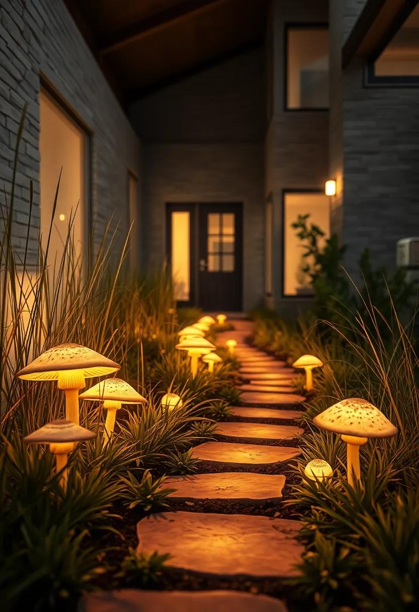 Gentle Luminescent Mushrooms Nestled Among Wild Grass Lighting a Sinister yet Peaceful Path