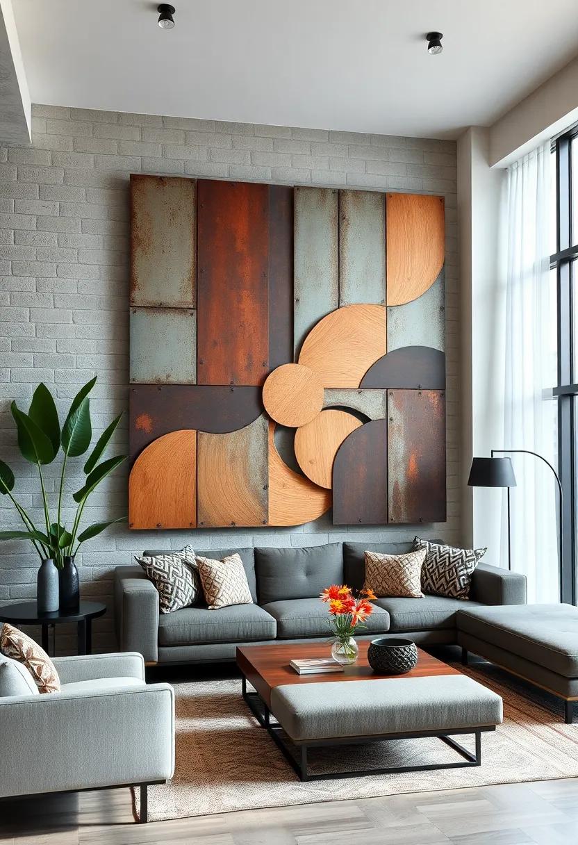 Mixed Media Wall Art Combining Rusted Metal Sheets and Geometric Wood Carvings for a Unique Contrast