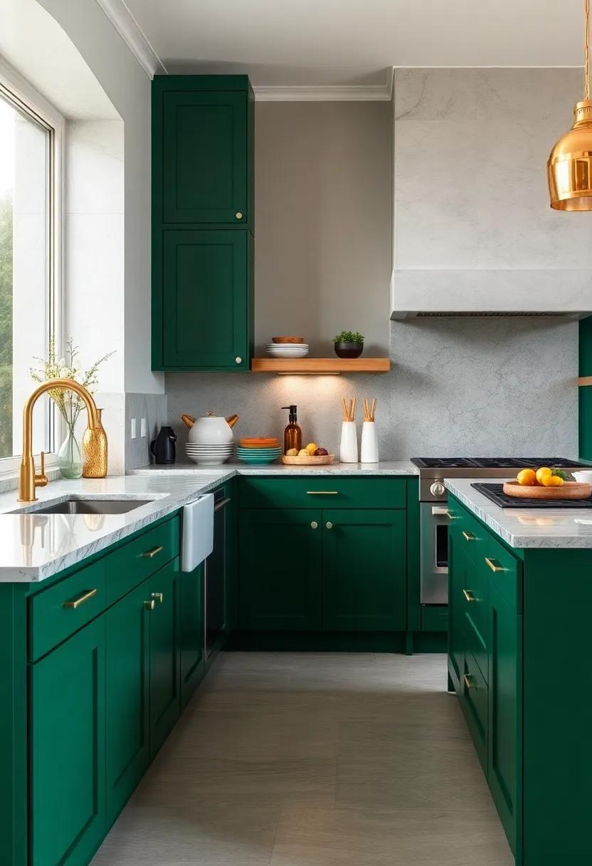 Elevate Your Kitchen Space With Forest Green Cabinets Paired Perfectly With Gleaming Gold Hardware