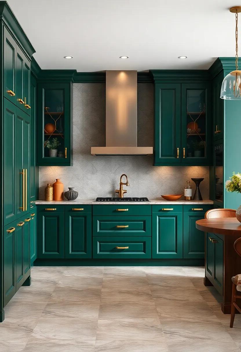 Handcrafted Forest Green Cabinetry Featuring Custom Gold Embossing for a Unique Artistic Flair in Kitchens