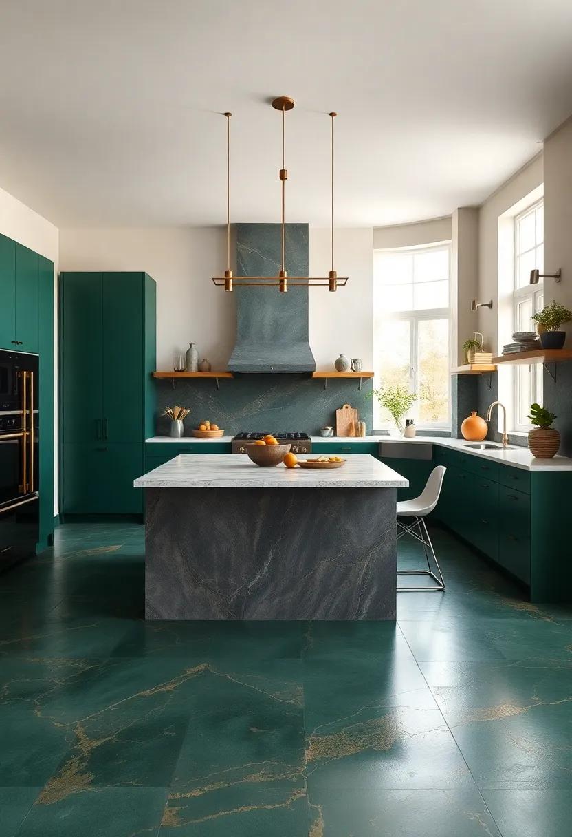 Dark Forest Green Flooring Accented With Flecks of Gold for an Unexpected Luxurious Base in Kitchens