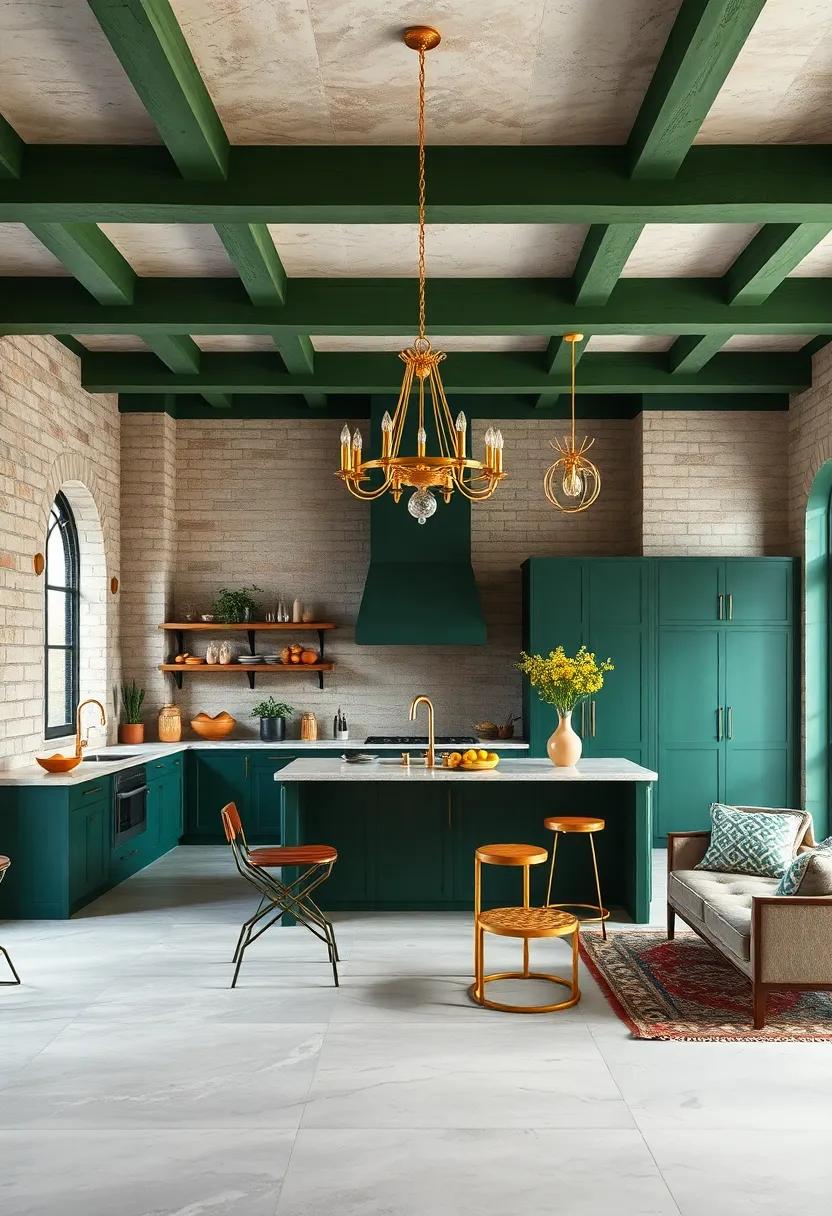 The Contrast of Rustic Forest Green Beams Highlighted by Elegant Gold Chandeliers in Spacious Kitchens