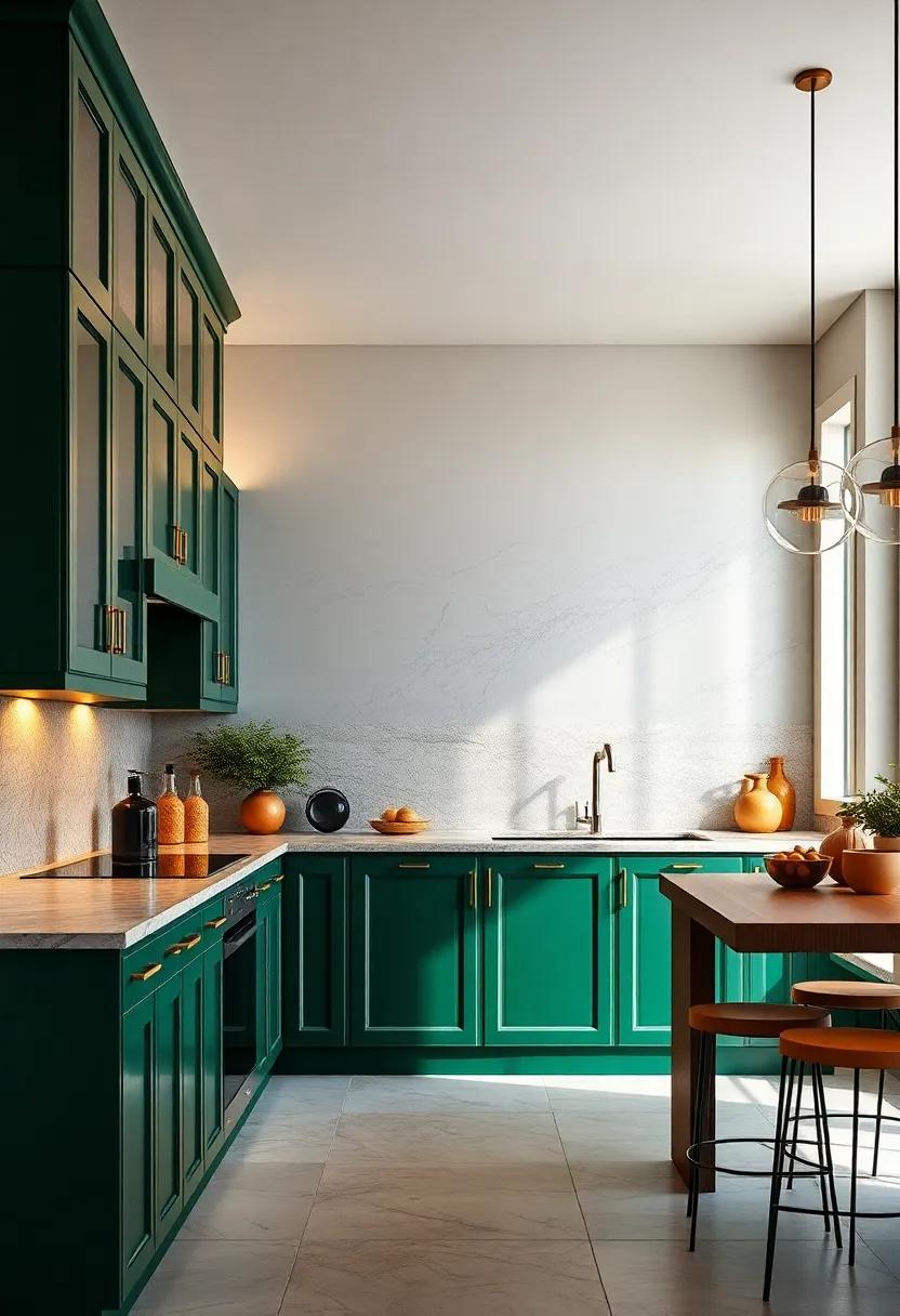 Warm Lighting Highlights the Stunning Contrast Between Forest Green Cupboards and Shimmering Gold Backsplashes