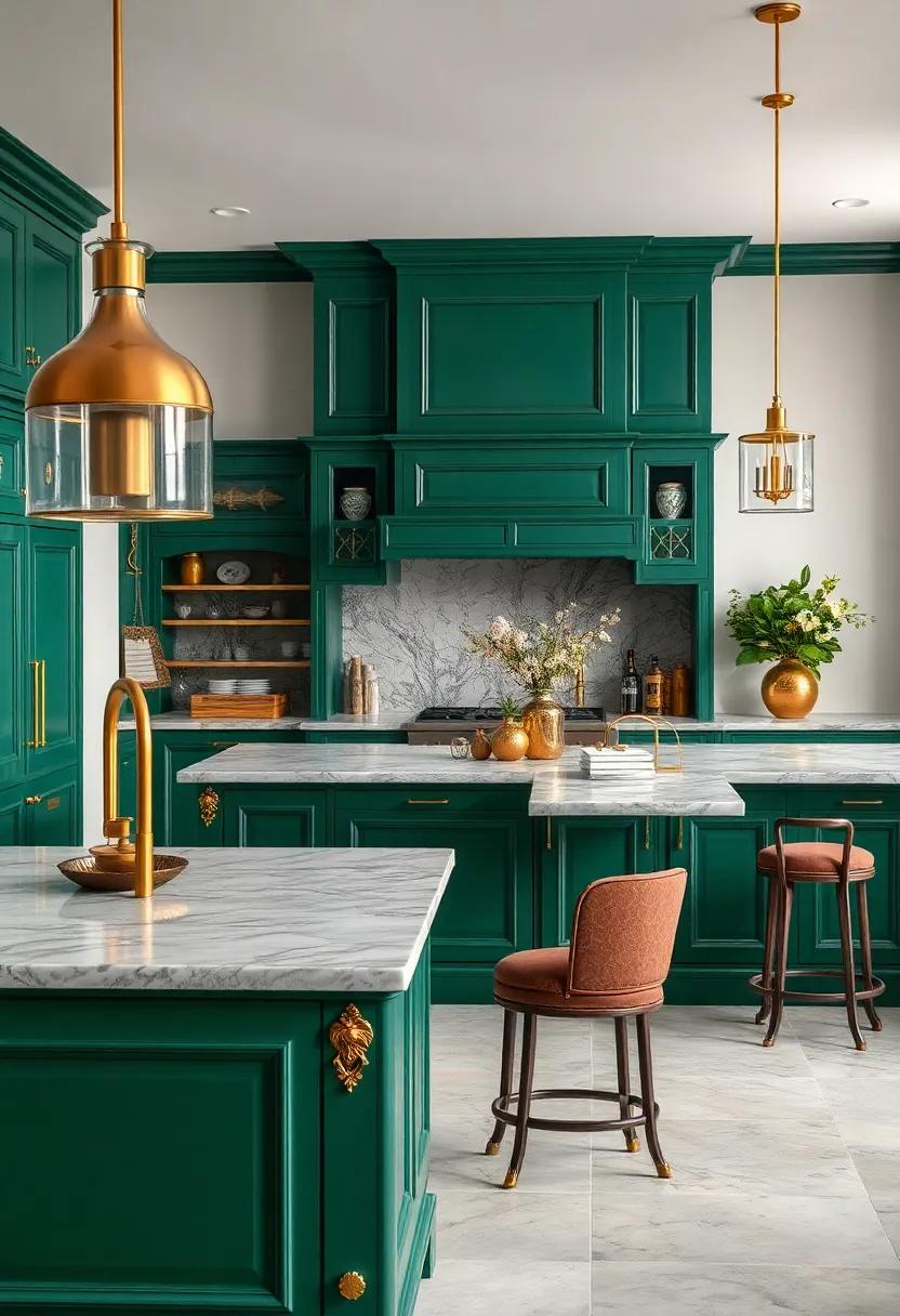 Classic Forest Green Kitchen Islands Embellished With Intricate Gold Trim for Visual Drama