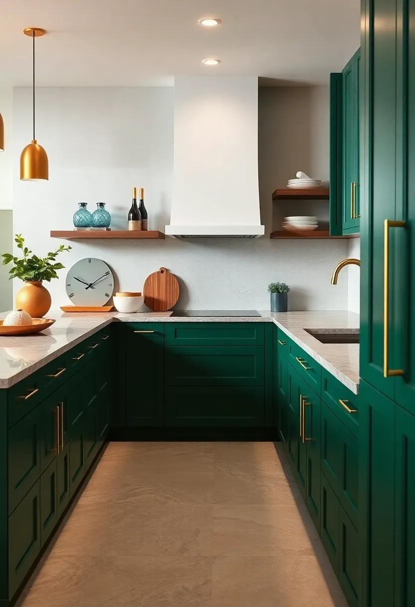 The Allure of Matte Forest Green Cabinetry Accented by Polished Gold Handles and Elegant Brass Faucets