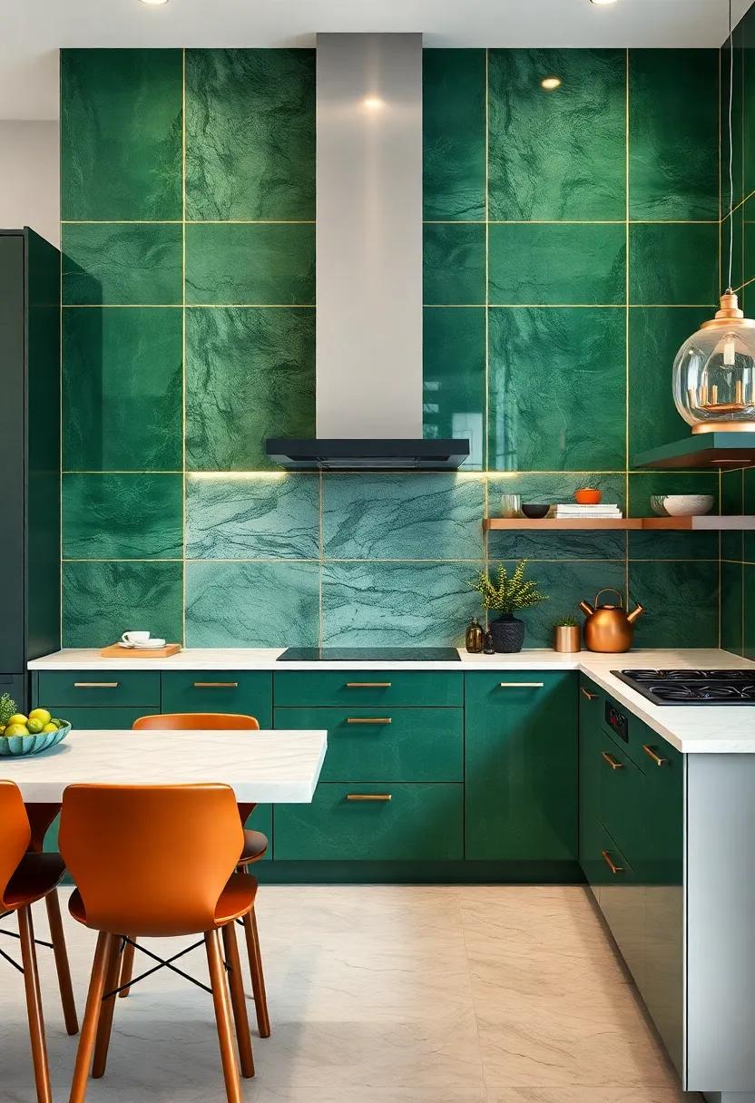 Glossy Forest Green Tiles and Gold Grout Combining to Elevate Kitchen Walls With a Touch of Glamour