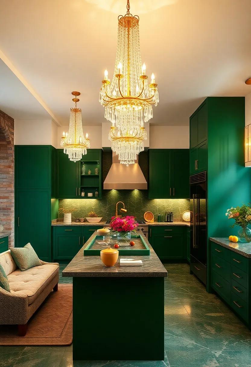 Crystal Chandeliers Casting a Golden Glow Over Luxurious Forest Green Kitchen Spaces