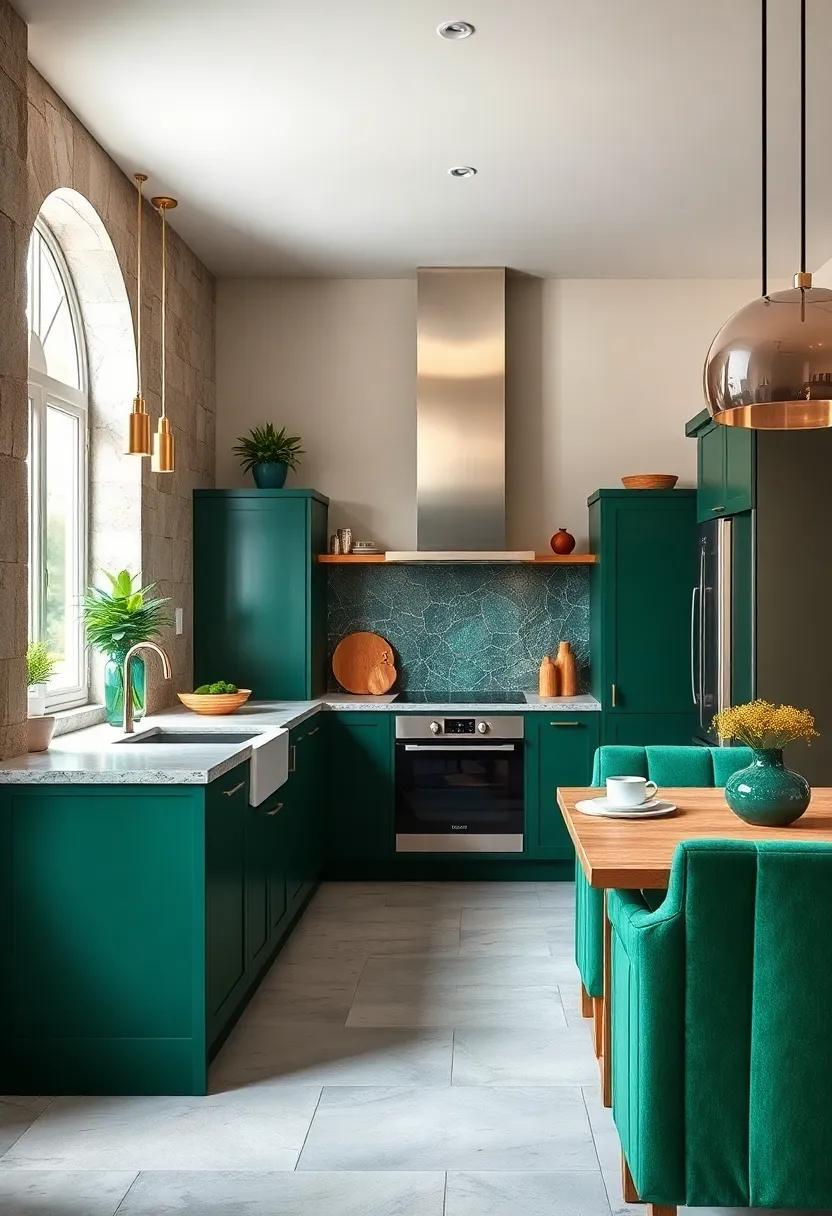 Soft Gold Accent Walls Complementing Rich Forest Green Furnishings in Cozy Kitchen Nooks