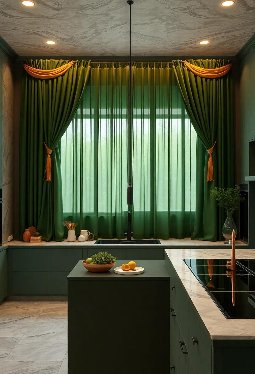 Opulent Gold Fixtures Enhancing Rich Forest Green Marble Countertops for a Regal Kitchen Ambiance