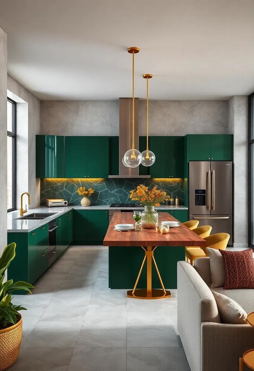 Forest Green and Gold Accents Integrated Into Contemporary Kitchen Layouts for a Bold Yet Refined Look