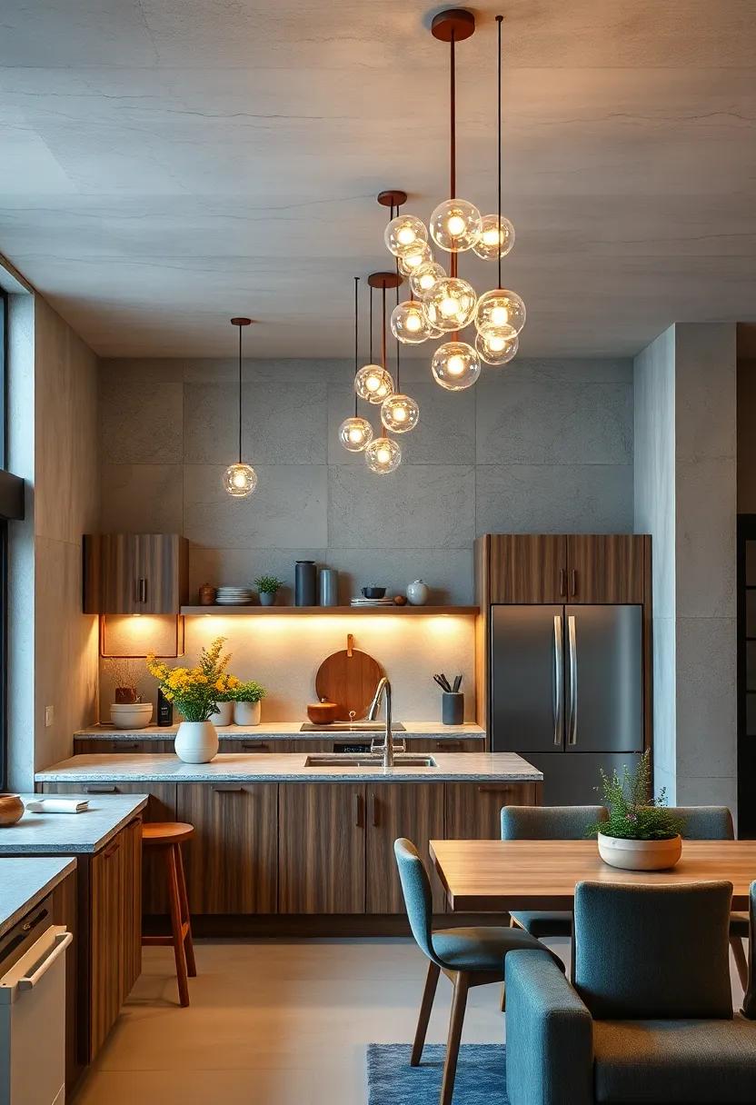 Artistic Cluster Light Installations Hanging Over a Multi-functional Kitchen Workstation