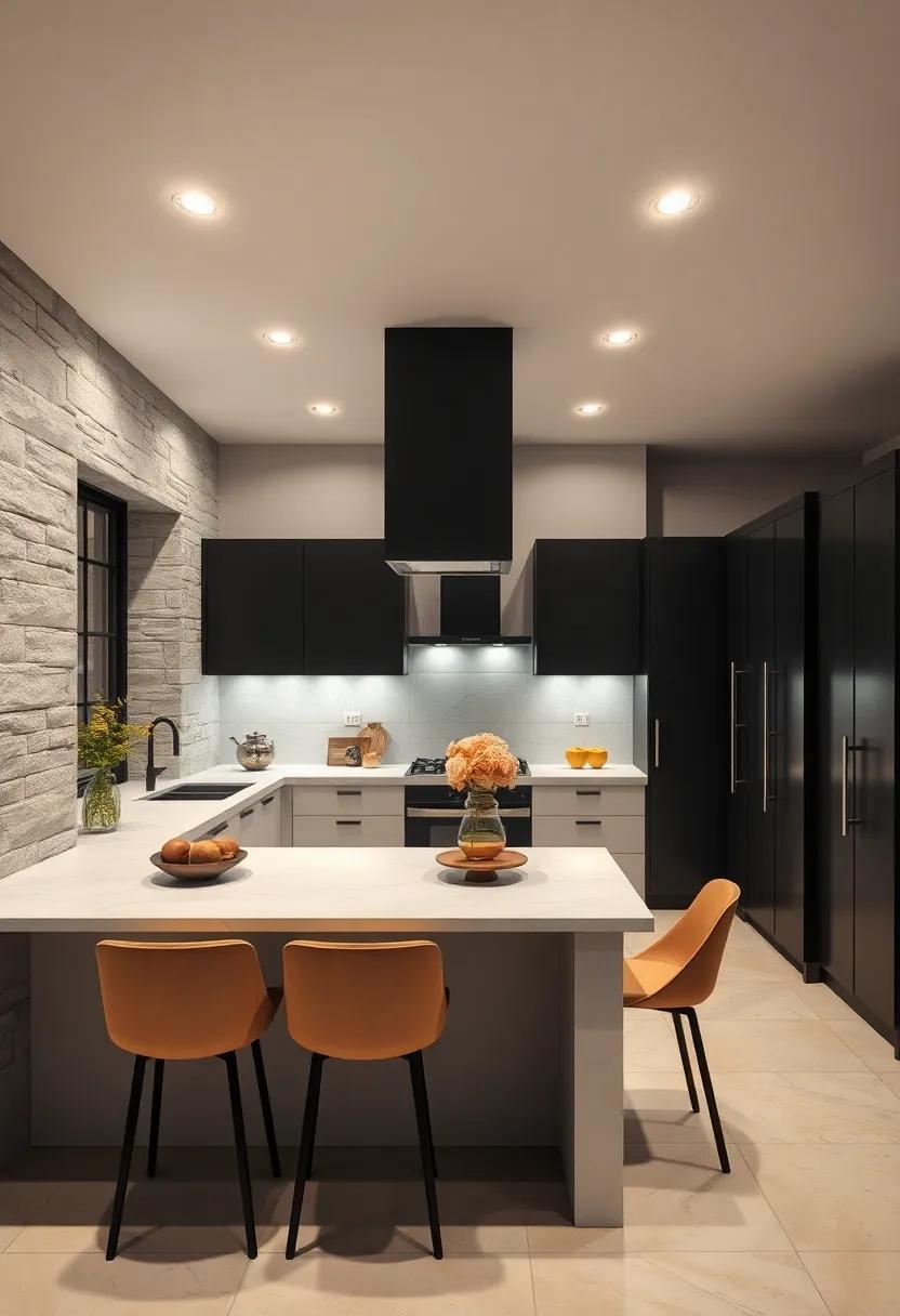 Bright Directional Downlights Highlighting a High Contrast Black and White Kitchen Design