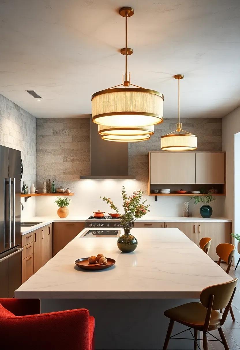 Circular Pendant Lamps with Brass Accents Suspended Over a Mid Century Modern Kitchen Island