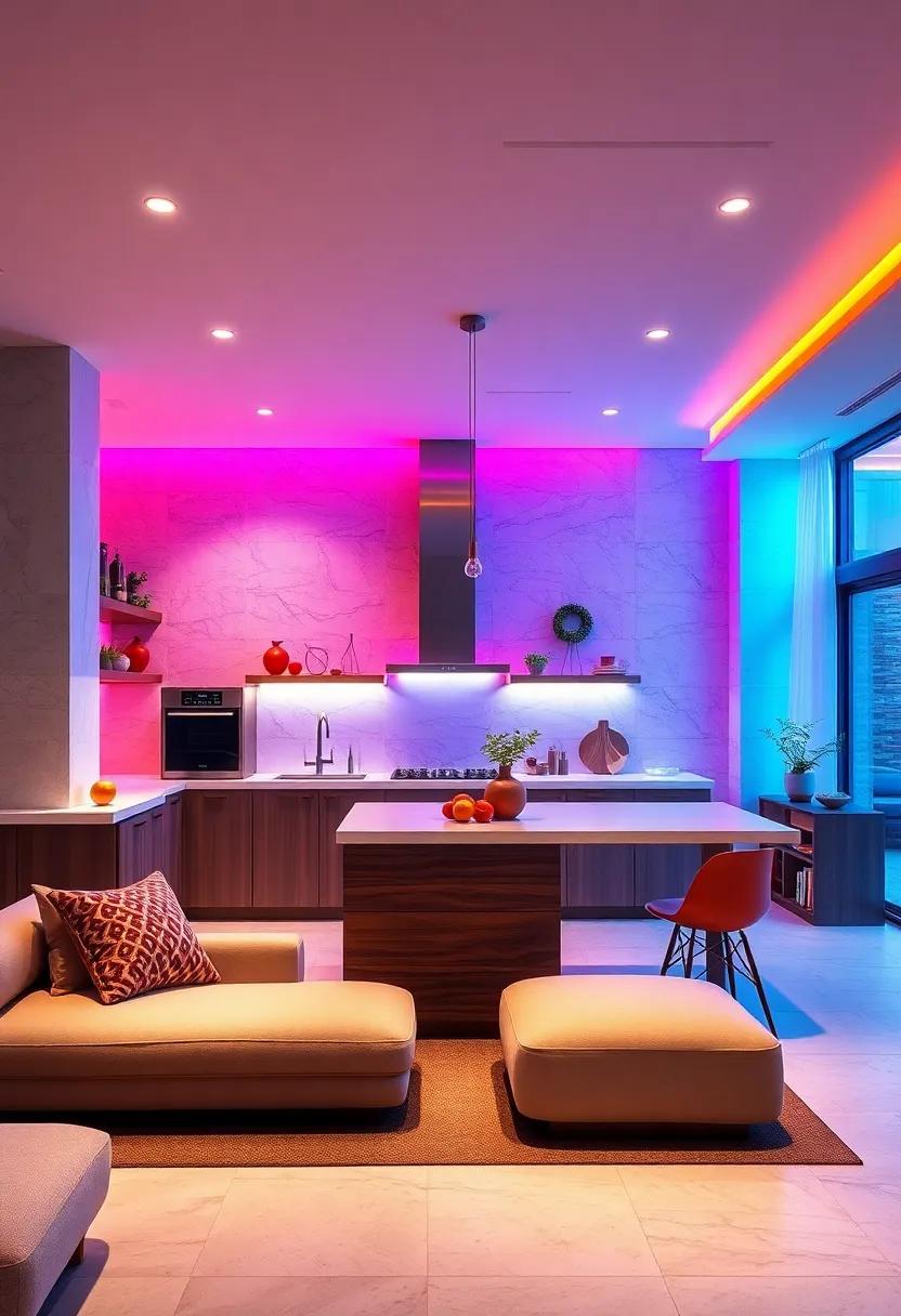 Color Changing RGB Lighting Adding Dynamic Ambiance to a Futuristic Home Kitchen Space