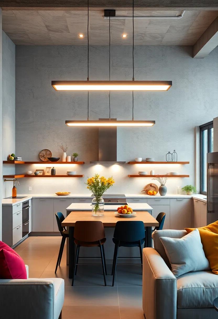 Floating Light Bars Suspended Above a Breakfast Nook Featuring Bold Primary Colors
