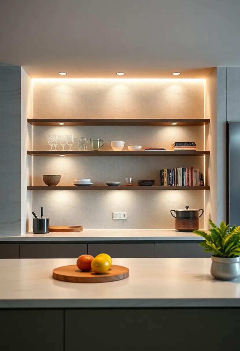 Hidden Cove Lighting Revealing Sleek Floating Shelves Full of Modern Glassware and Cookbooks