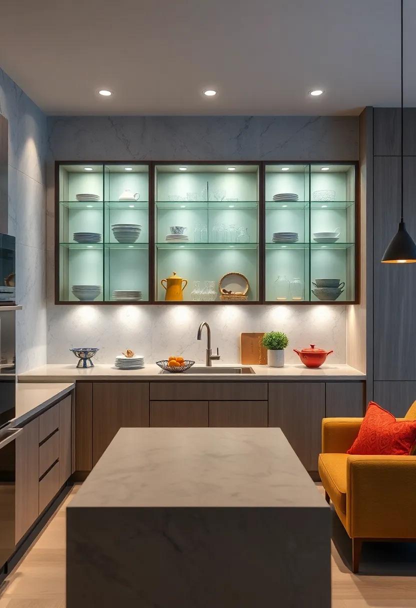 Illuminated Glass Cabinets Showing Off Fine China and Colorful Ceramic Cookware Displays