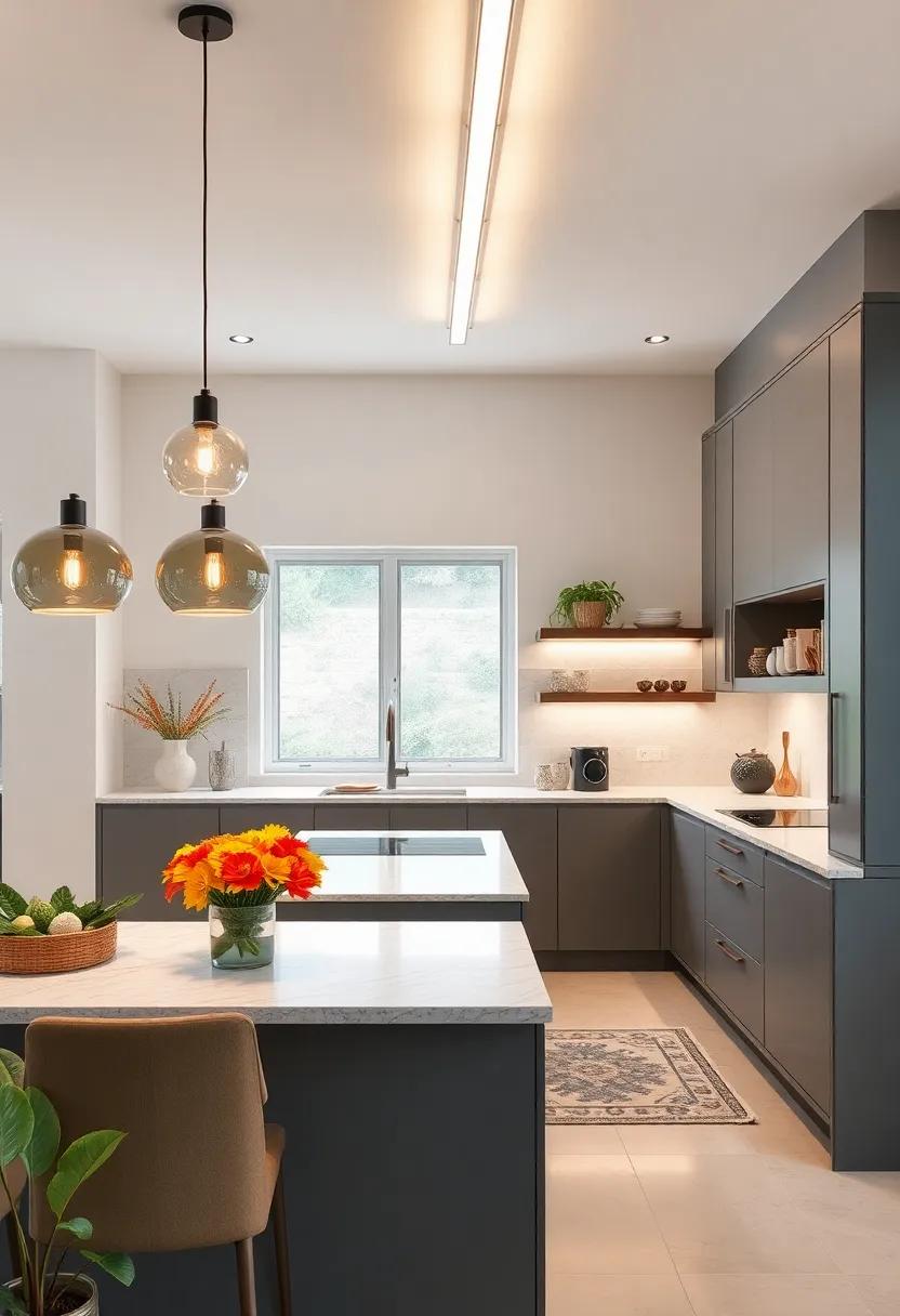 Linear Suspension Lights Highlighting Slab Countertops and Monochromatic Shaker Cabinets