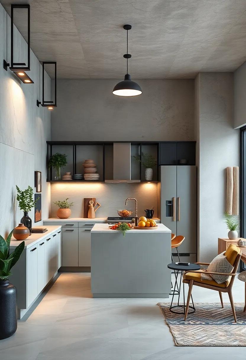 Minimalist Surface Mounted Lights with Matte Black Frames Framing an Art Gallery Style Kitchen