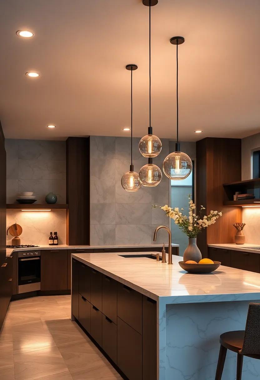 Modern Pendant Lights Casting a Warm Glow Over A Sleek Marble Kitchen Island