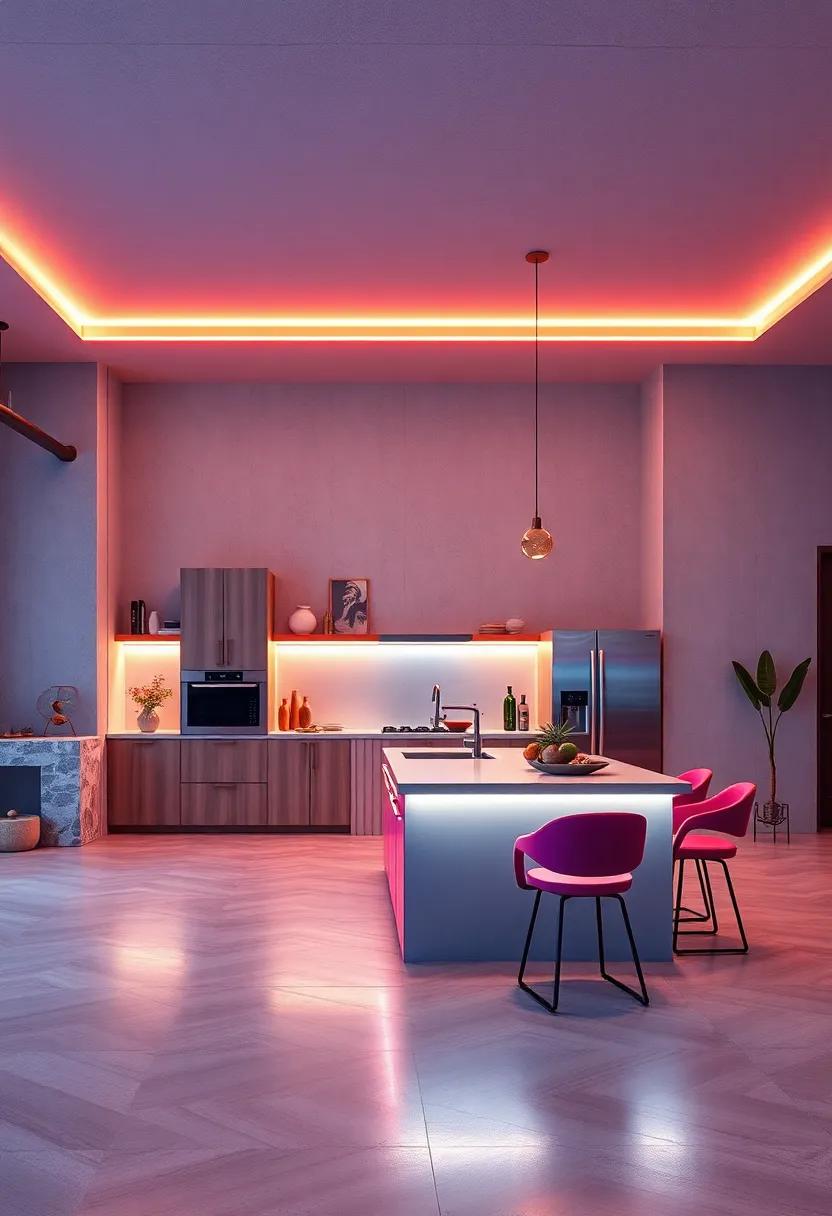 Retro Futuristic Neon Tube Lights Tracing the Shape of a Kitchen Island in a Bold Open Space