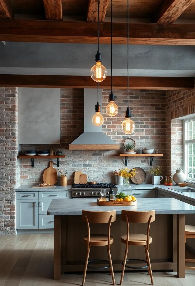 Rustic Edison Bulbs Hanging Over a Farmhouse Kitchen with Exposed Brick Walls and Wooden Beams